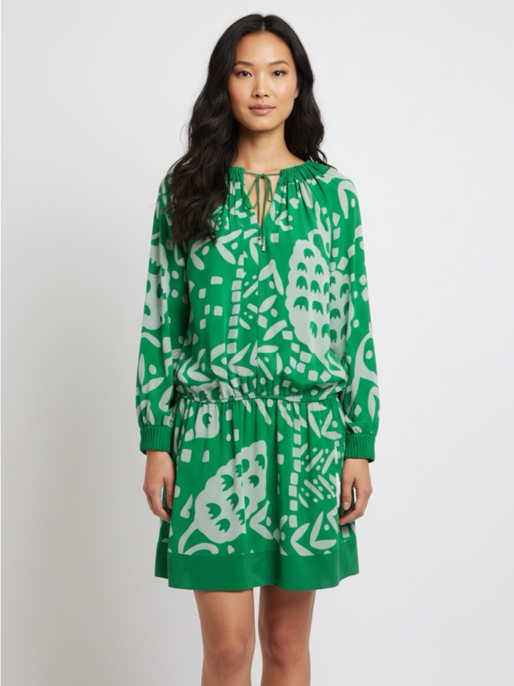 Diane Von Furstenberg Green Printed Long-Sleeve Tie-Neck Dress